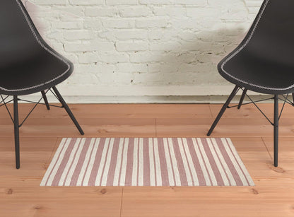 2' X 3' Red And Ivory Striped Dhurrie Hand Woven Stain Resistant Area Rug