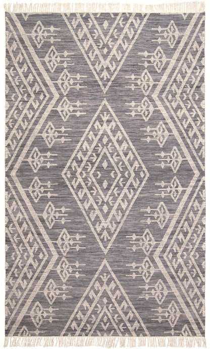 2' X 3' Gray Ivory And Blue Wool Geometric Dhurrie Flatweave Handmade Area Rug With Fringe
