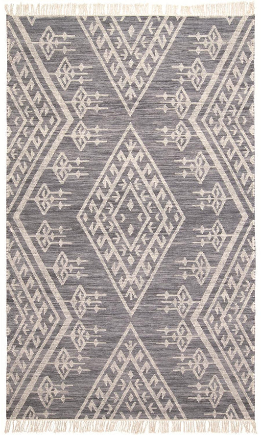 2' X 3' Gray Ivory And Blue Wool Geometric Dhurrie Flatweave Handmade Area Rug With Fringe