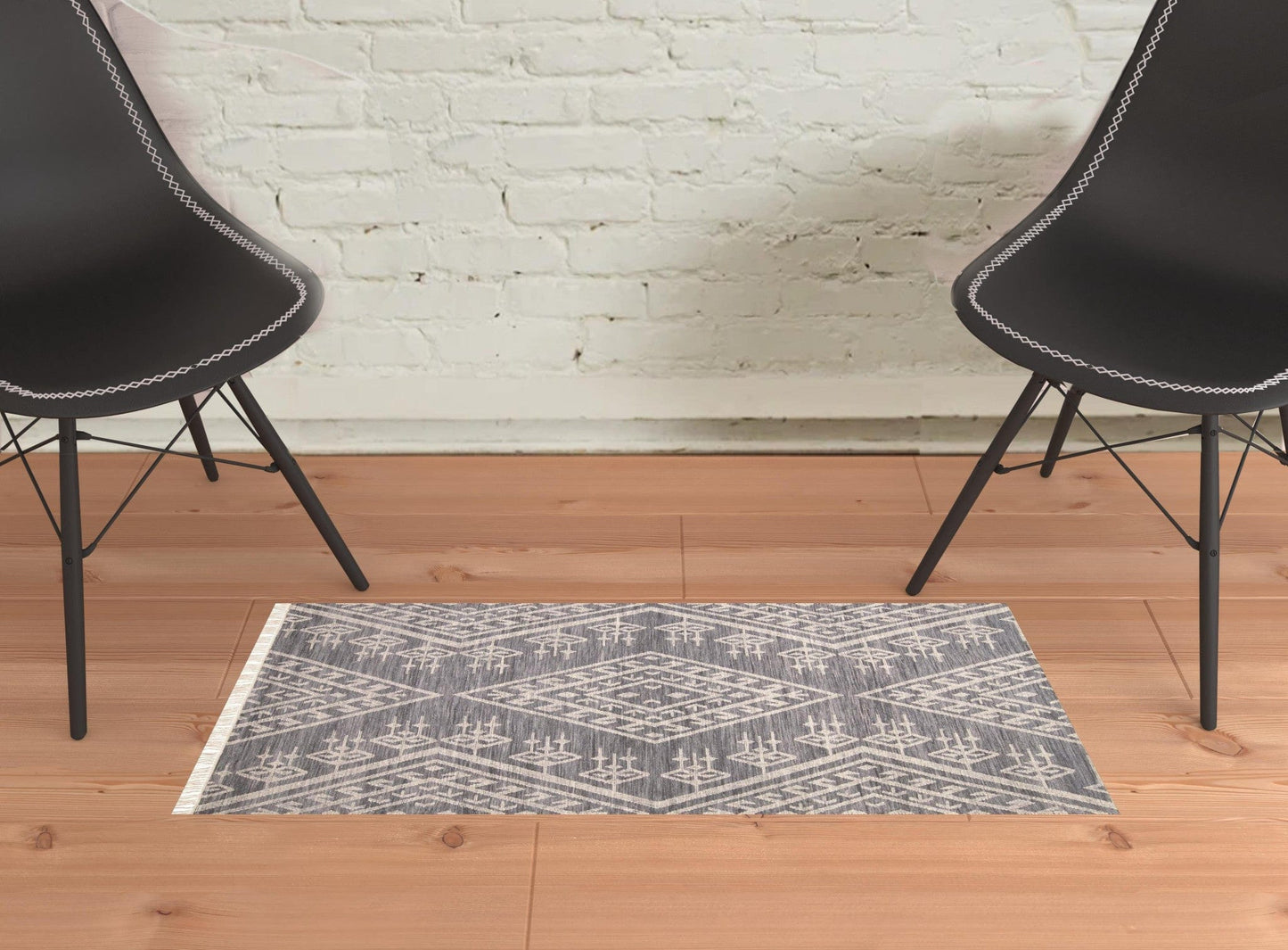 2' X 3' Gray Ivory And Blue Wool Geometric Dhurrie Flatweave Handmade Area Rug With Fringe