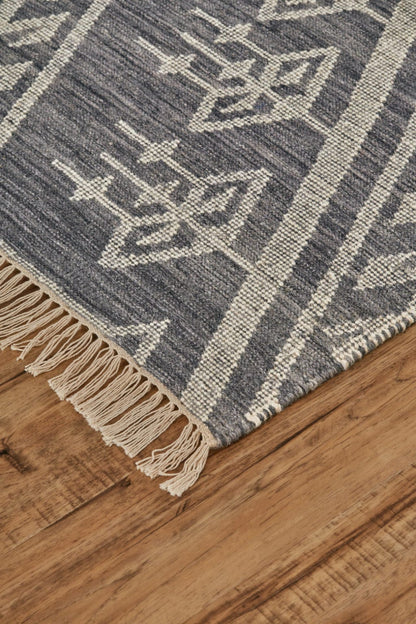 2' X 3' Gray Ivory And Blue Wool Geometric Dhurrie Flatweave Handmade Area Rug With Fringe