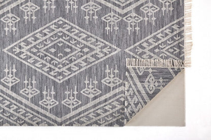 2' X 3' Gray Ivory And Blue Wool Geometric Dhurrie Flatweave Handmade Area Rug With Fringe