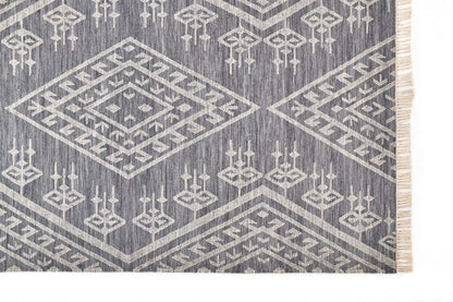 2' X 3' Gray Ivory And Blue Wool Geometric Dhurrie Flatweave Handmade Area Rug With Fringe