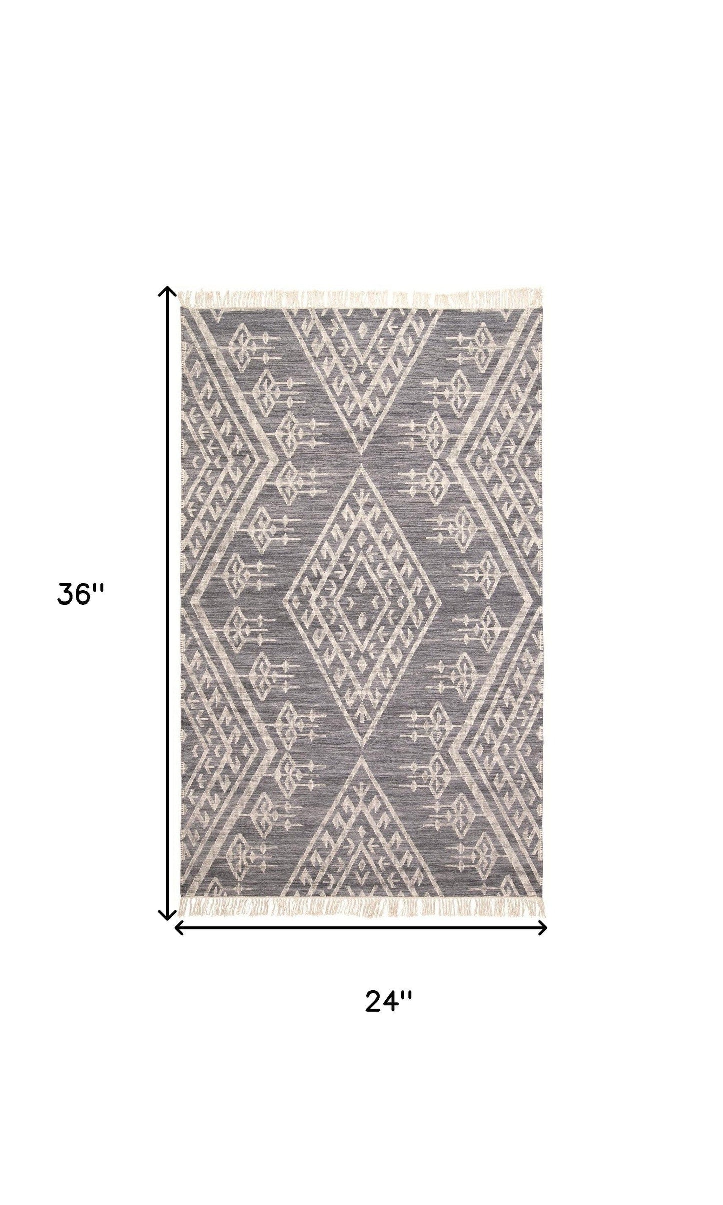 2' X 3' Gray Ivory And Blue Wool Geometric Dhurrie Flatweave Handmade Area Rug With Fringe