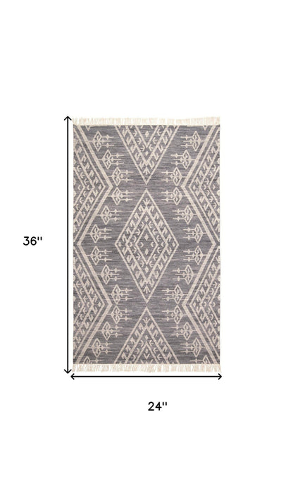 2' X 3' Gray Ivory And Blue Wool Geometric Dhurrie Flatweave Handmade Area Rug With Fringe