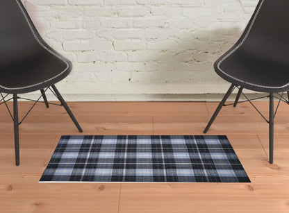 2' X 3' Black Blue And White Abstract Hand Woven Stain Resistant Area Rug