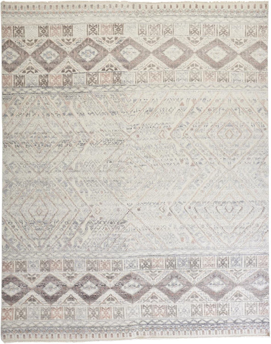 2' X 3' Gray Ivory And Pink Geometric Hand Knotted Area Rug