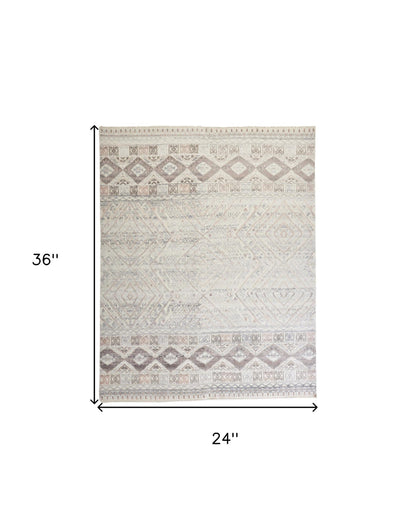 2' X 3' Gray Ivory And Pink Geometric Hand Knotted Area Rug