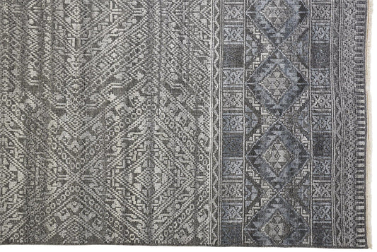 2' X 3' Gray Ivory And Blue Geometric Hand Knotted Area Rug