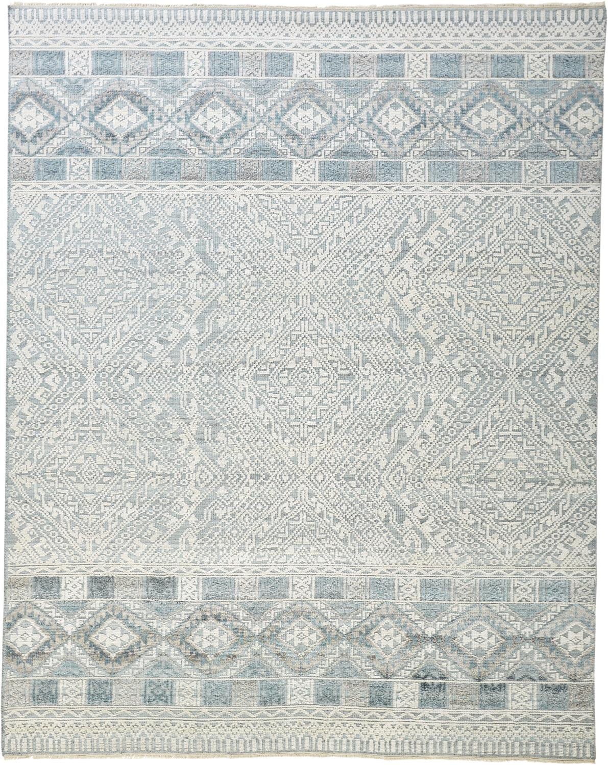 2' X 3' Ivory Blue And Gray Geometric Hand Knotted Area Rug