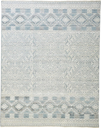 2' X 3' Ivory Blue And Gray Geometric Hand Knotted Area Rug