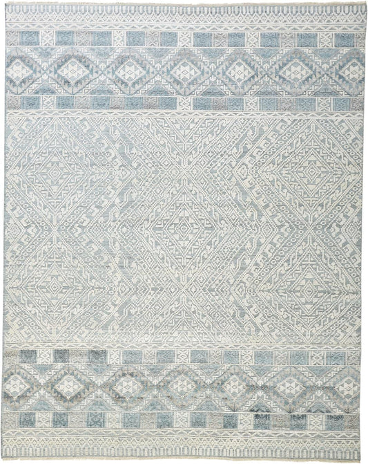 2' X 3' Ivory Blue And Gray Geometric Hand Knotted Area Rug