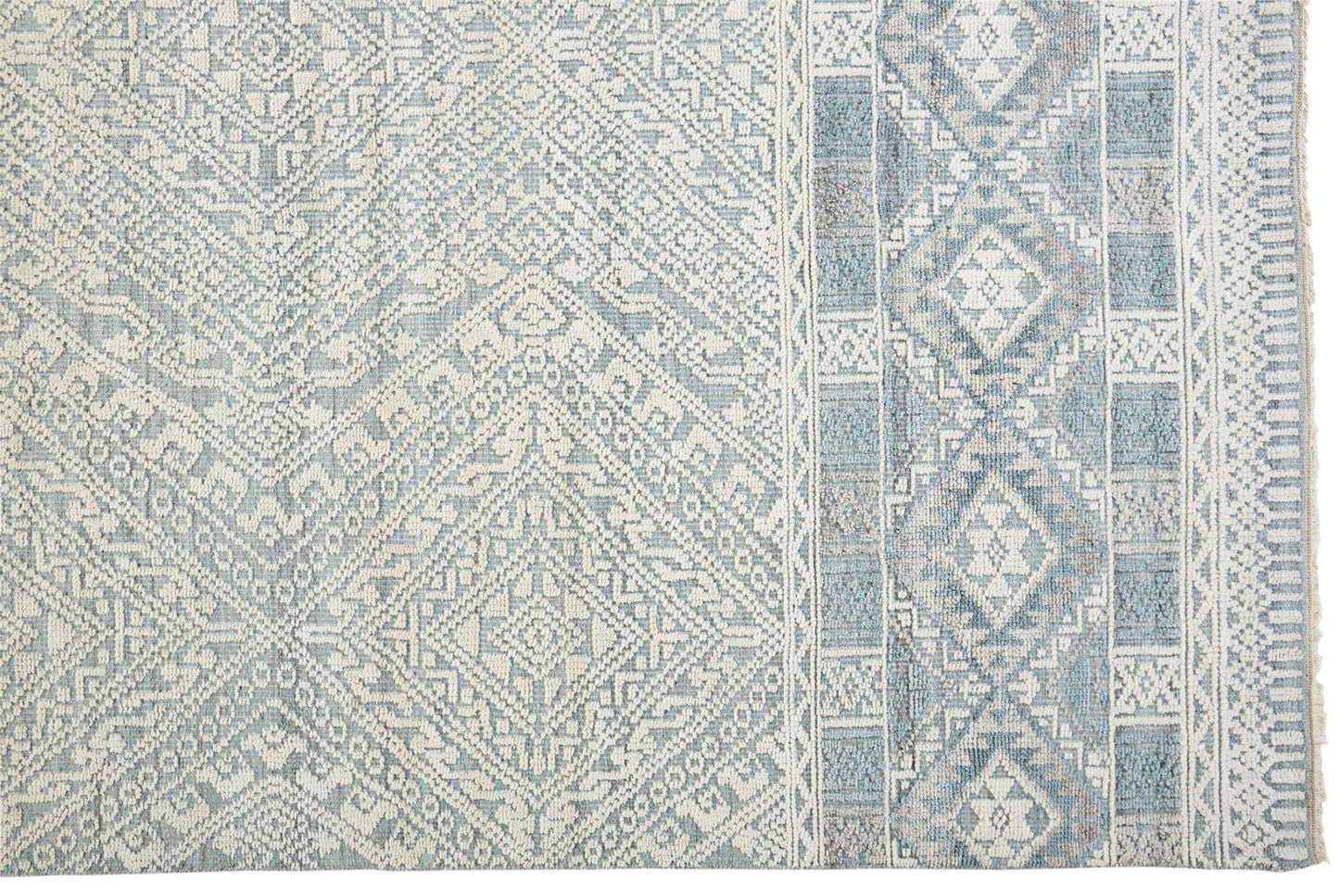2' X 3' Ivory Blue And Gray Geometric Hand Knotted Area Rug
