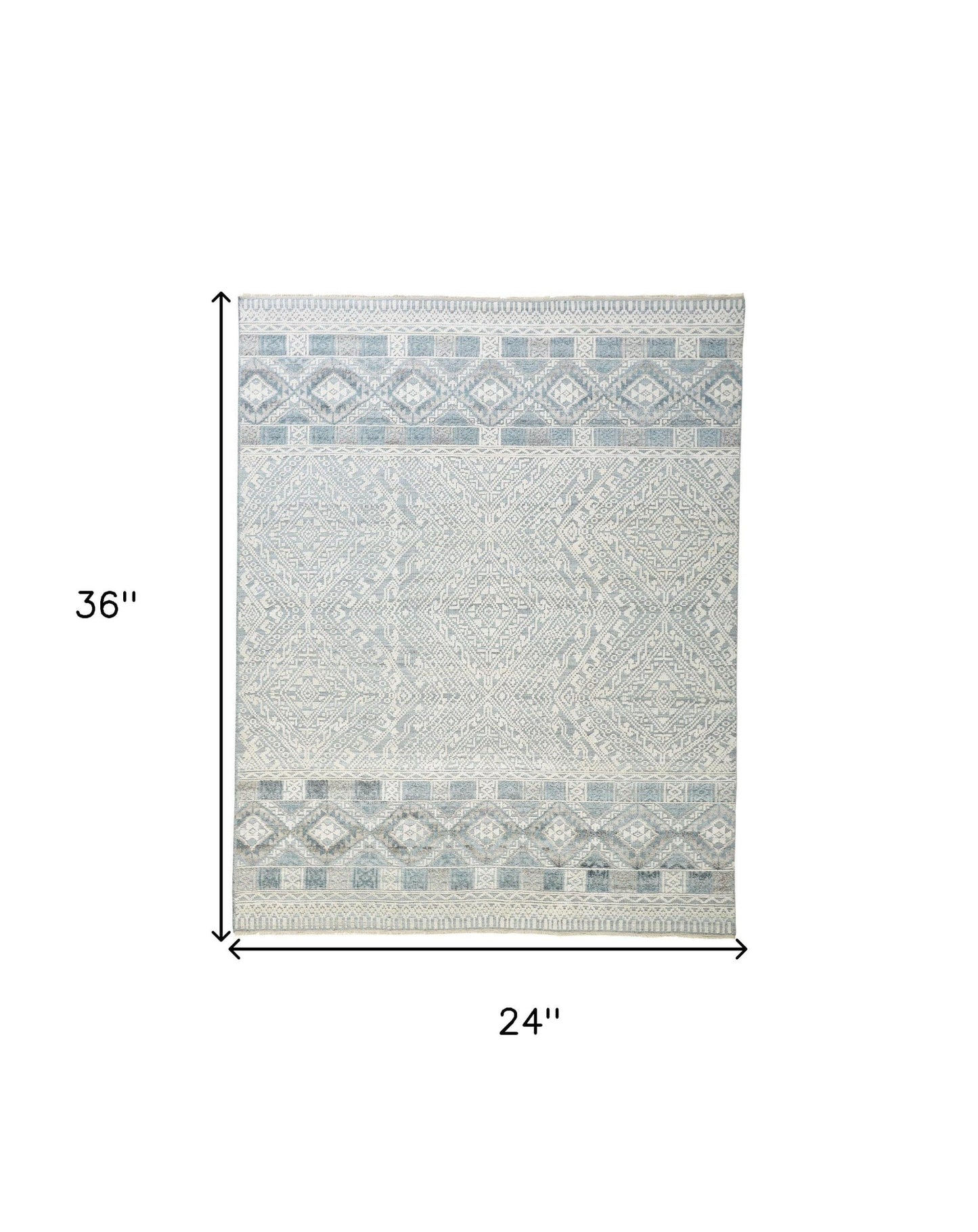 2' X 3' Ivory Blue And Gray Geometric Hand Knotted Area Rug
