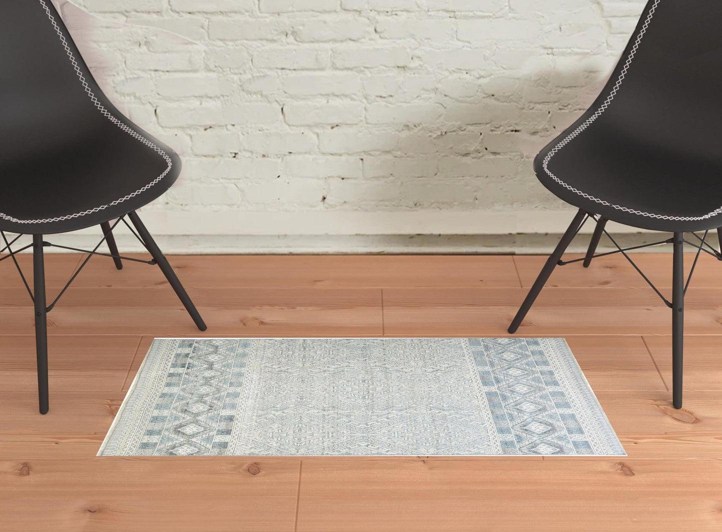 2' X 3' Ivory Blue And Gray Geometric Hand Knotted Area Rug