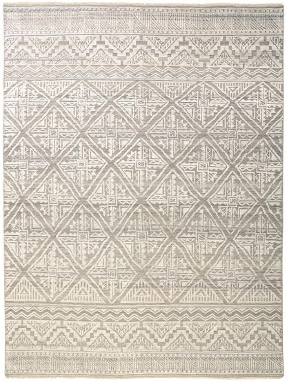 2' X 3' Ivory Tan And Gray Geometric Hand Knotted Area Rug