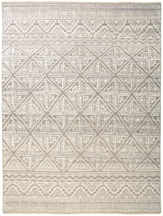 2' X 3' Ivory Tan And Gray Geometric Hand Knotted Area Rug