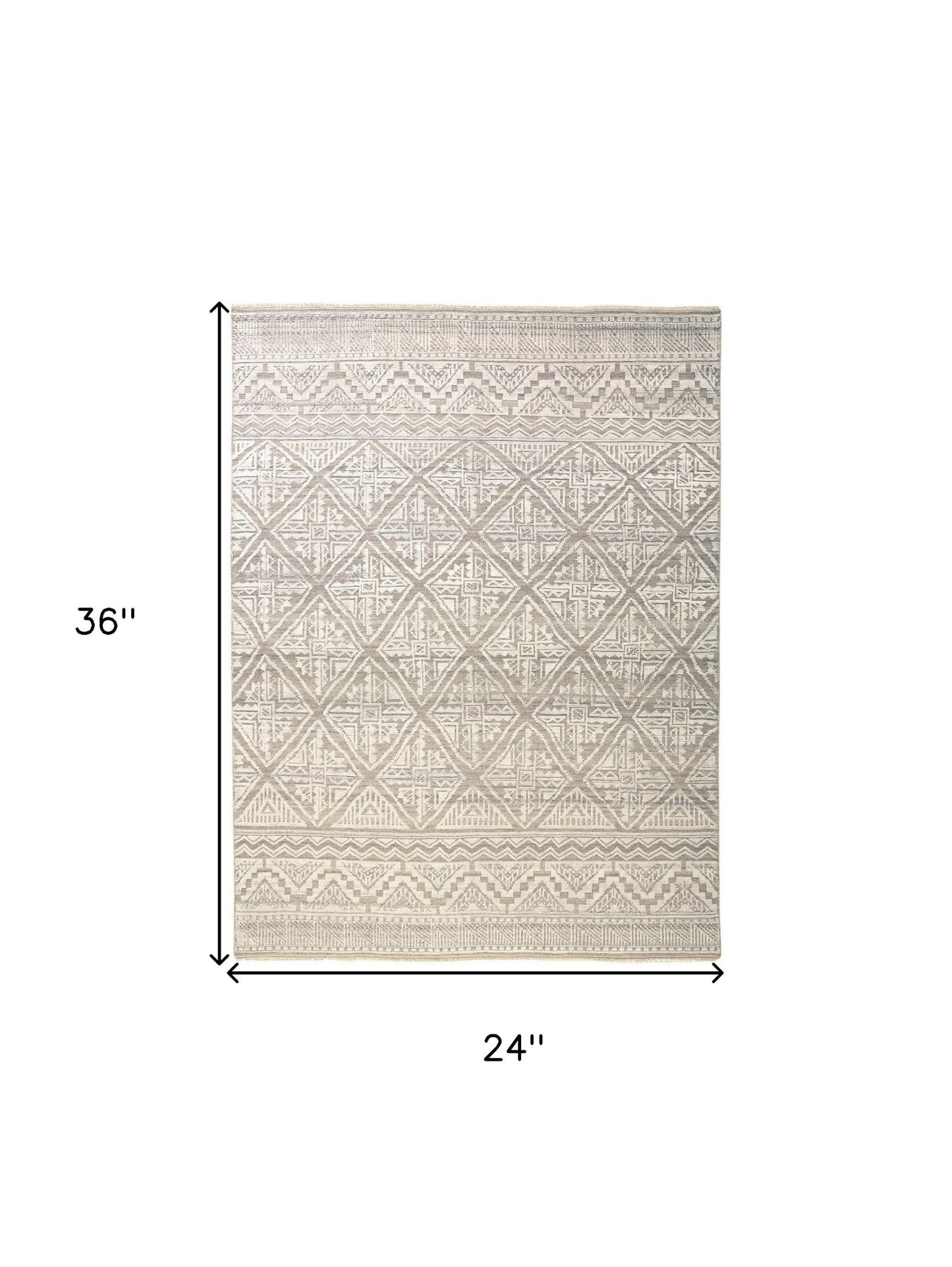 2' X 3' Ivory Tan And Gray Geometric Hand Knotted Area Rug