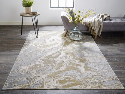 2' X 3' Ivory Silver And Gold Abstract Stain Resistant Area Rug