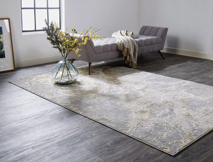 2' X 3' Ivory Silver And Gold Abstract Stain Resistant Area Rug