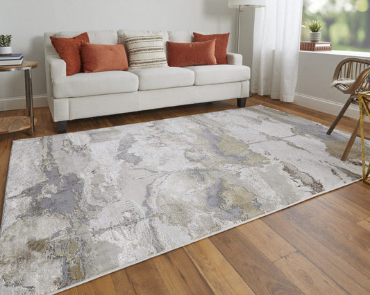 2' X 3' Gray Ivory And Gold Abstract Stain Resistant Area Rug