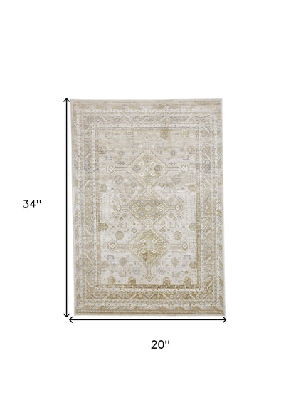 2' X 3' Gold And Ivory Floral Stain Resistant Area Rug