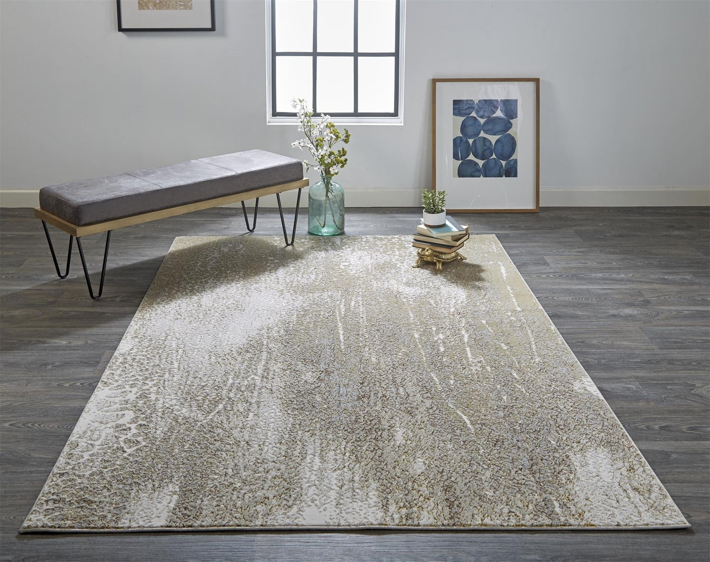 2' X 3' Ivory Gray And Gold Abstract Stain Resistant Area Rug