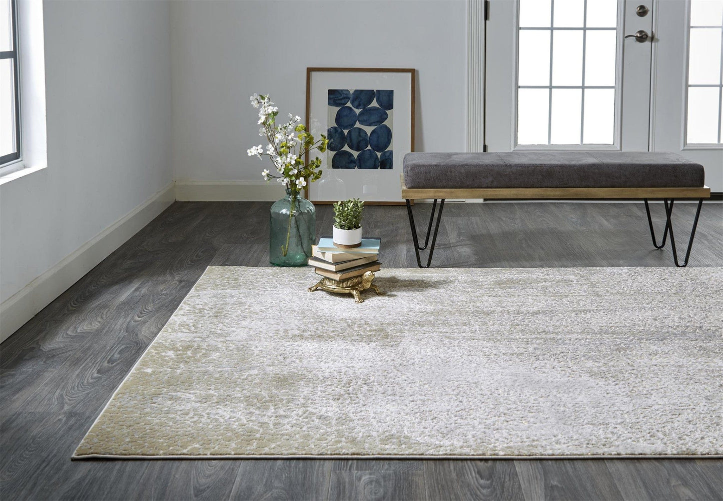 2' X 3' Ivory Gray And Gold Abstract Stain Resistant Area Rug
