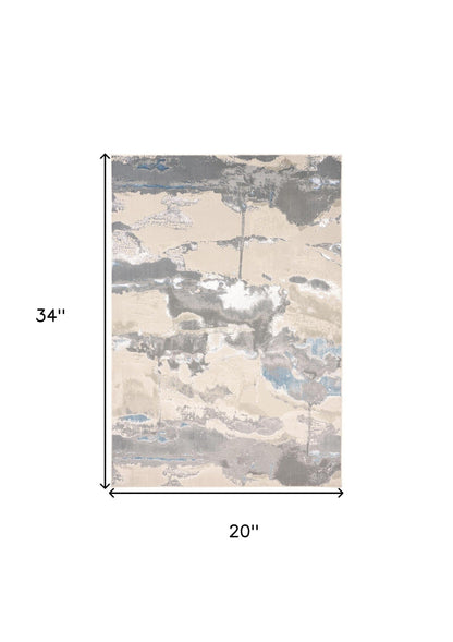 2' X 3' Ivory Gray And Blue Abstract Stain Resistant Area Rug