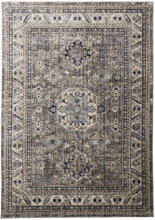 2' X 3' Taupe Gray And Blue Floral Stain Resistant Area Rug