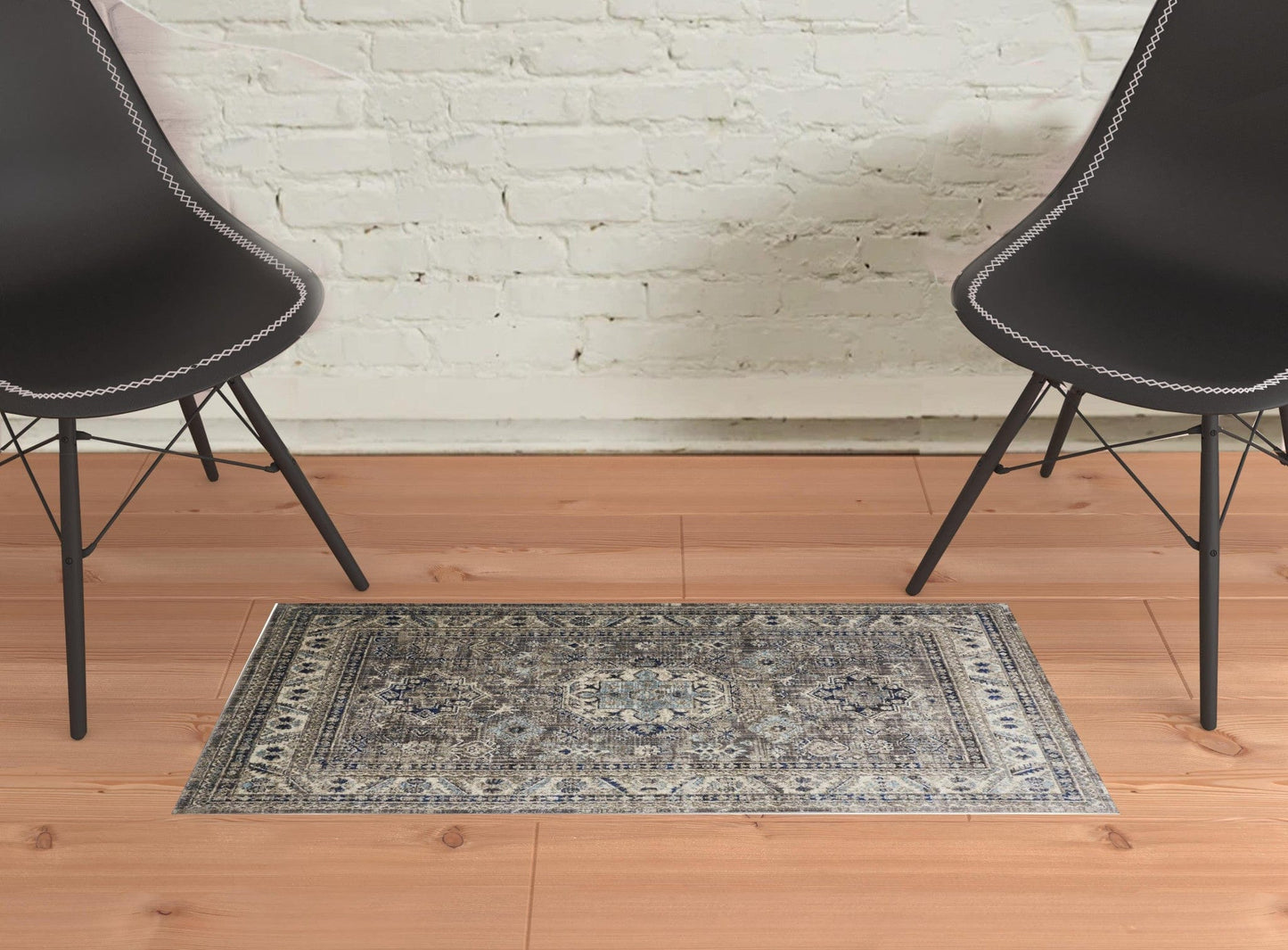 2' X 3' Taupe Gray And Blue Floral Stain Resistant Area Rug