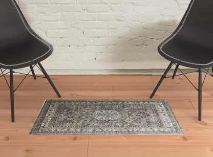 2' X 3' Taupe Gray And Blue Floral Stain Resistant Area Rug
