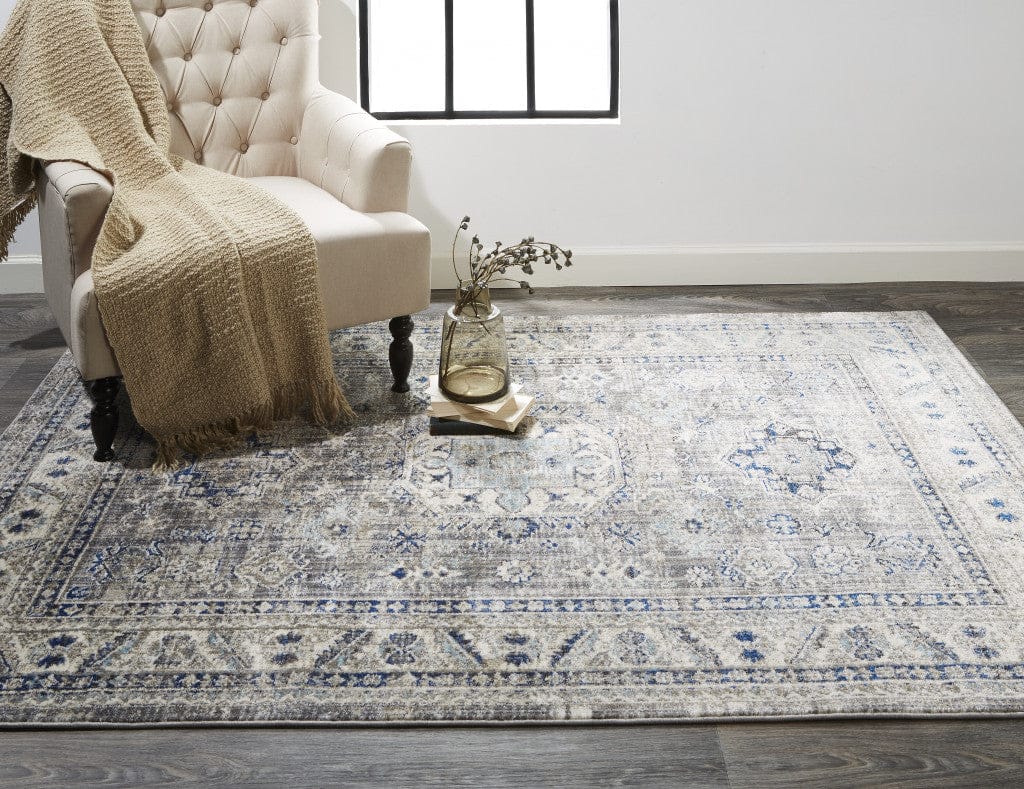 2' X 3' Taupe Gray And Blue Floral Stain Resistant Area Rug