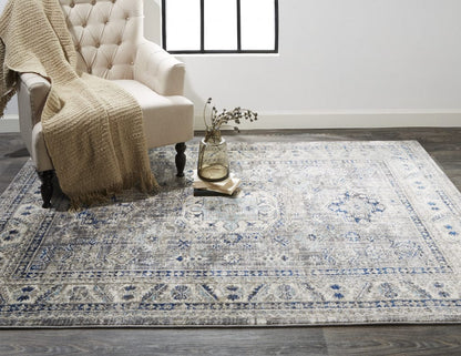 2' X 3' Taupe Gray And Blue Floral Stain Resistant Area Rug