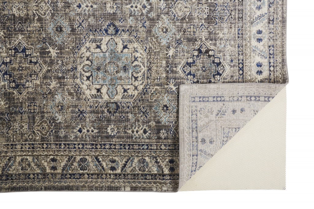 2' X 3' Taupe Gray And Blue Floral Stain Resistant Area Rug