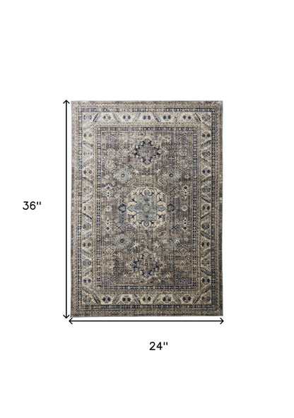 2' X 3' Taupe Gray And Blue Floral Stain Resistant Area Rug