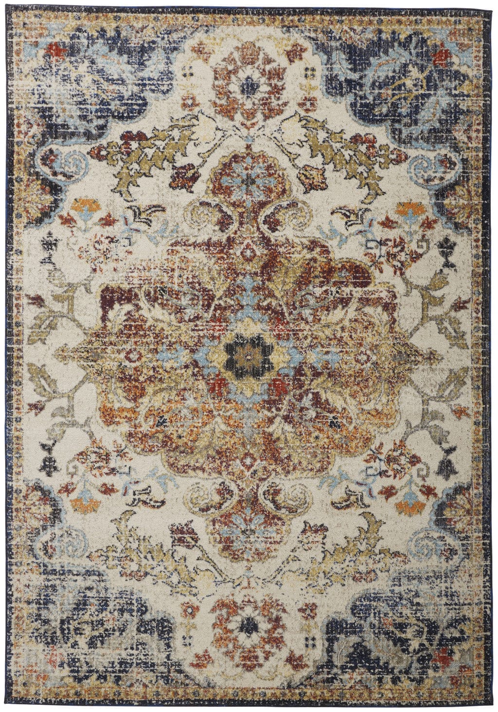 2' X 3' Ivory Gold And Blue Floral Stain Resistant Area Rug