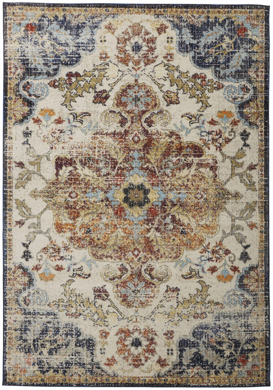 2' X 3' Ivory Gold And Blue Floral Stain Resistant Area Rug
