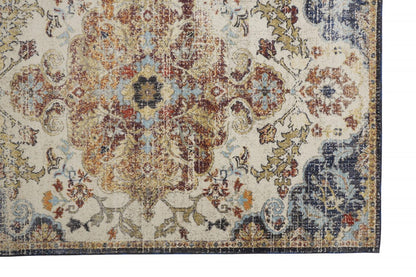 2' X 3' Ivory Gold And Blue Floral Stain Resistant Area Rug