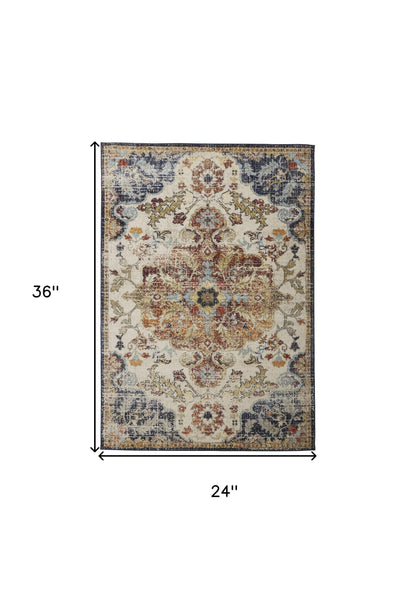 2' X 3' Ivory Gold And Blue Floral Stain Resistant Area Rug