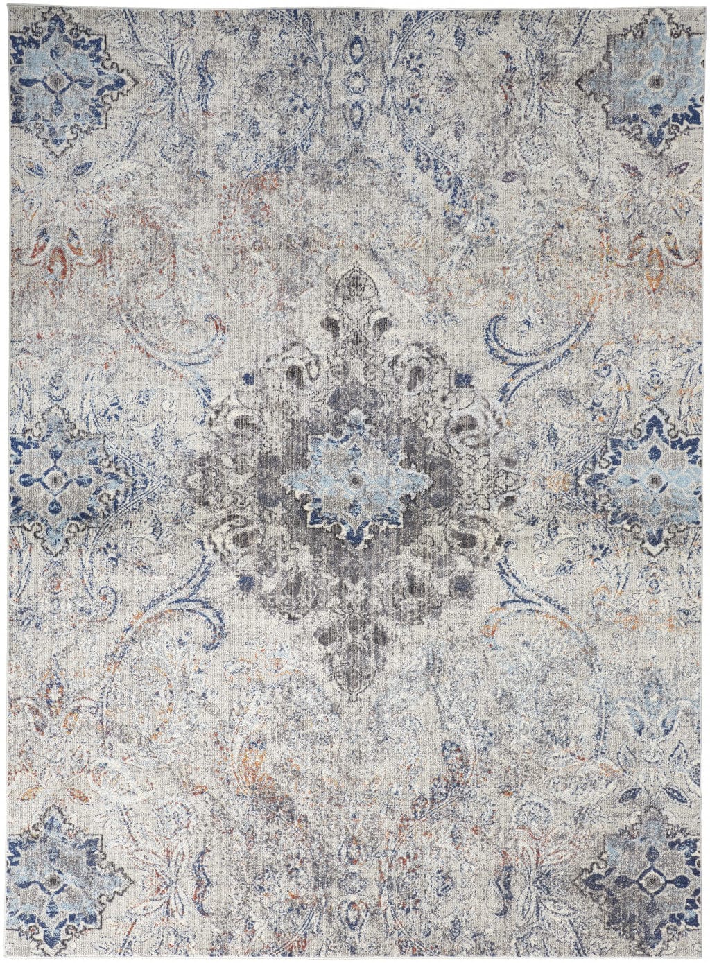 2' X 3' Ivory Taupe And Blue Floral Power Loom Distressed Stain Resistant Area Rug