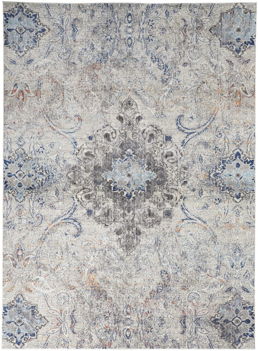 2' X 3' Ivory Taupe And Blue Floral Power Loom Distressed Stain Resistant Area Rug