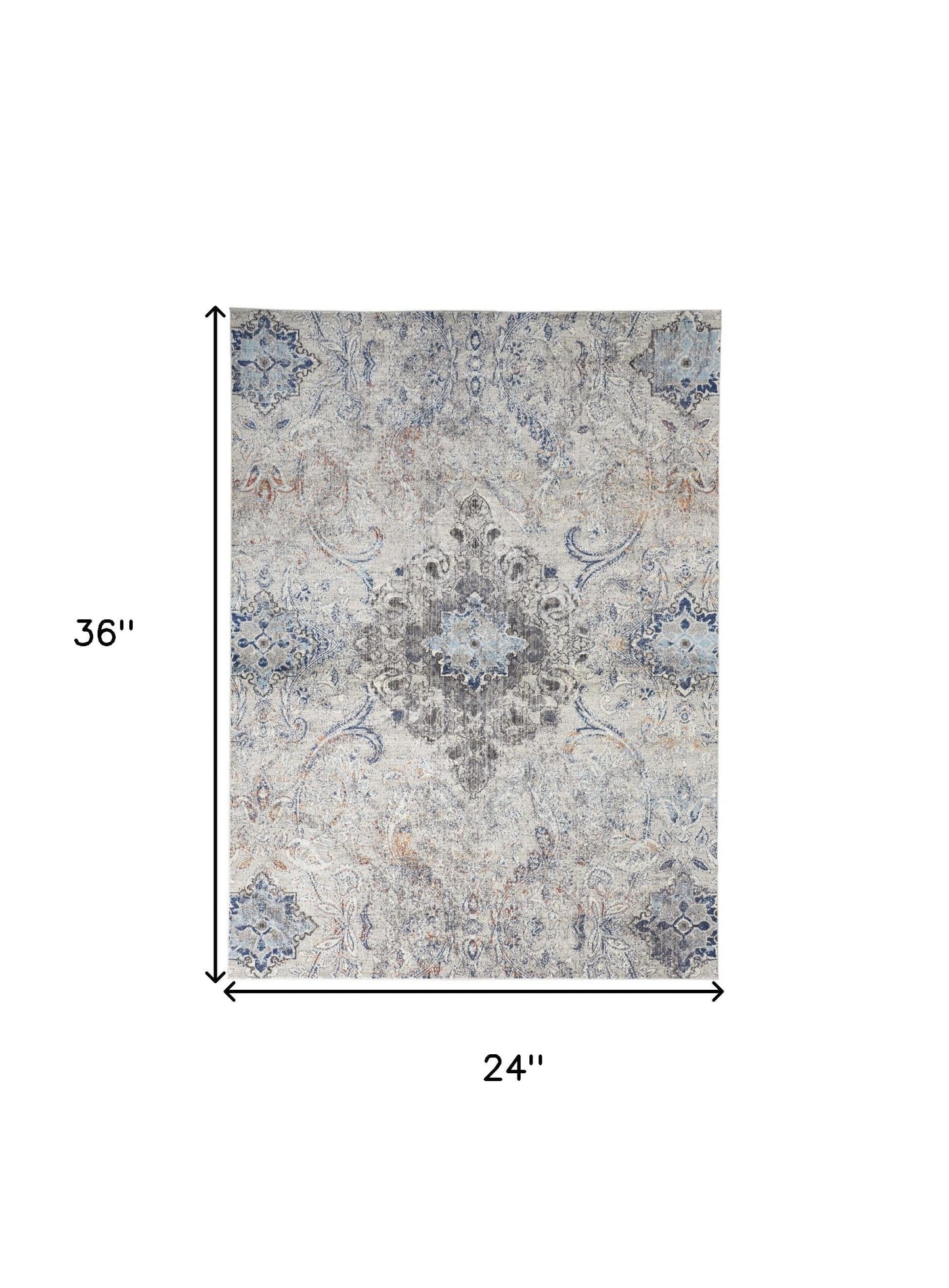 2' X 3' Ivory Taupe And Blue Floral Power Loom Distressed Stain Resistant Area Rug