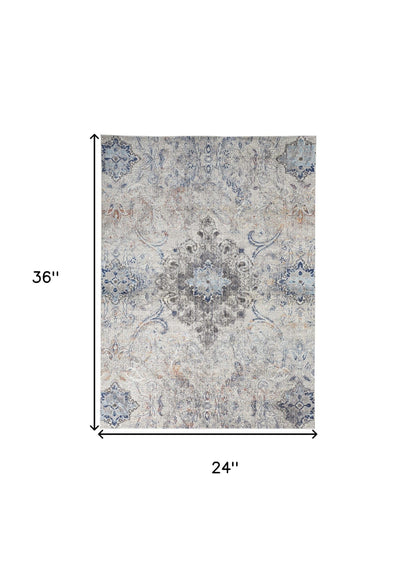 2' X 3' Ivory Taupe And Blue Floral Power Loom Distressed Stain Resistant Area Rug