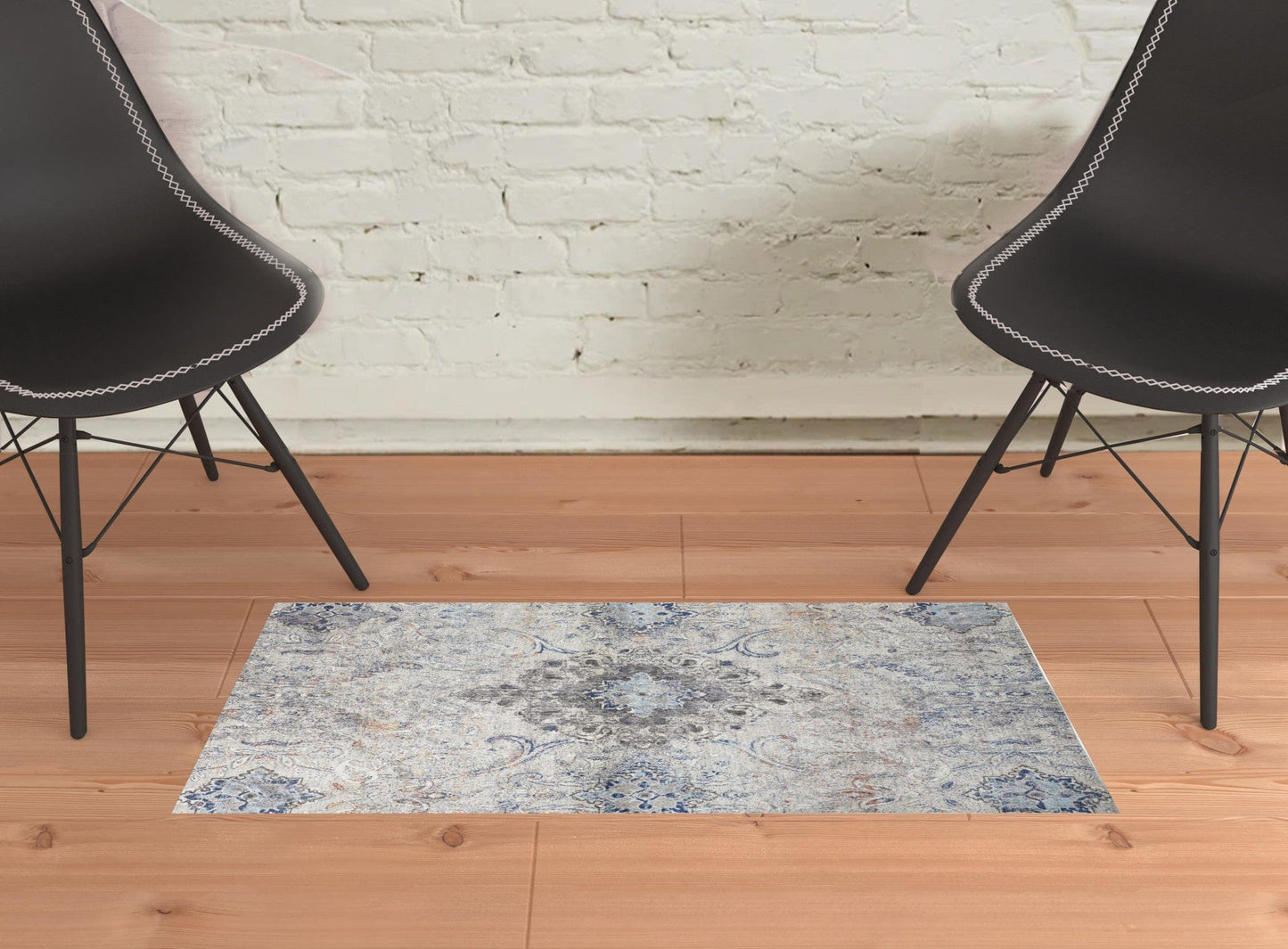 2' X 3' Ivory Taupe And Blue Floral Power Loom Distressed Stain Resistant Area Rug