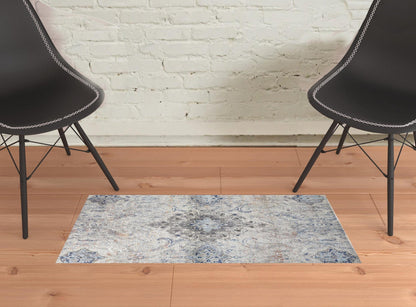 2' X 3' Ivory Taupe And Blue Floral Power Loom Distressed Stain Resistant Area Rug