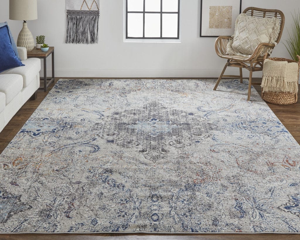 2' X 3' Ivory Taupe And Blue Floral Power Loom Distressed Stain Resistant Area Rug