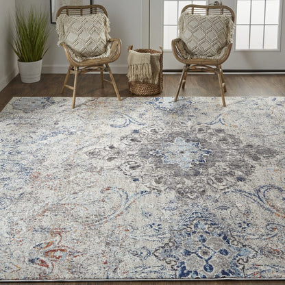 2' X 3' Ivory Taupe And Blue Floral Power Loom Distressed Stain Resistant Area Rug