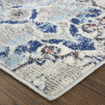 2' X 3' Ivory Taupe And Blue Floral Power Loom Distressed Stain Resistant Area Rug
