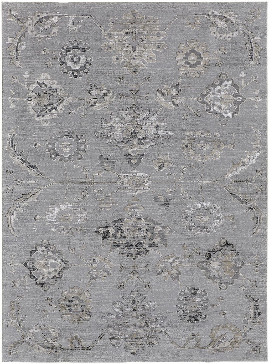 2' X 3' Silver And Black Floral Power Loom Distressed Area Rug